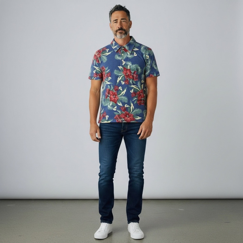 L.L. Bean Floral Polo Shirt Men’s Small Blue Red Hawaiian Tropical 100%‎ Cotton